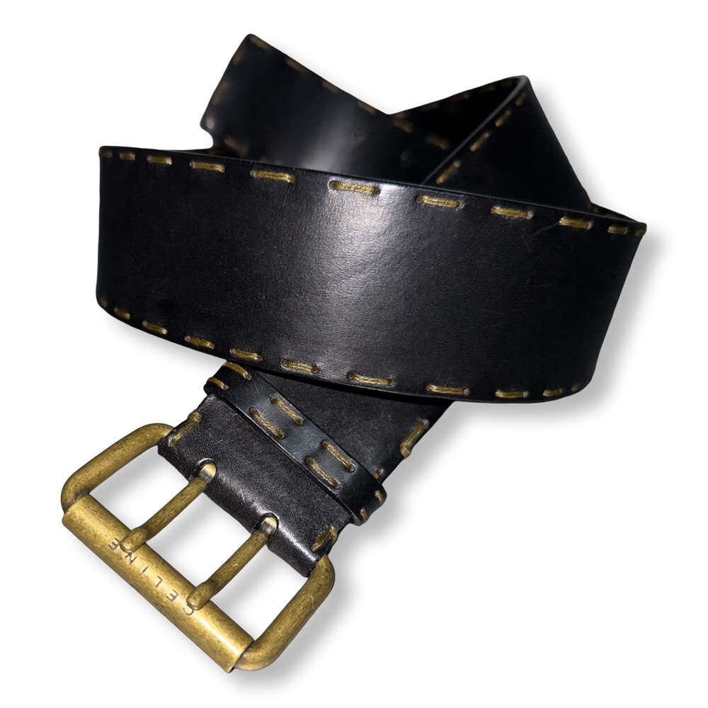 Vintage Celine Black Leather Stitch Belt with Buckle